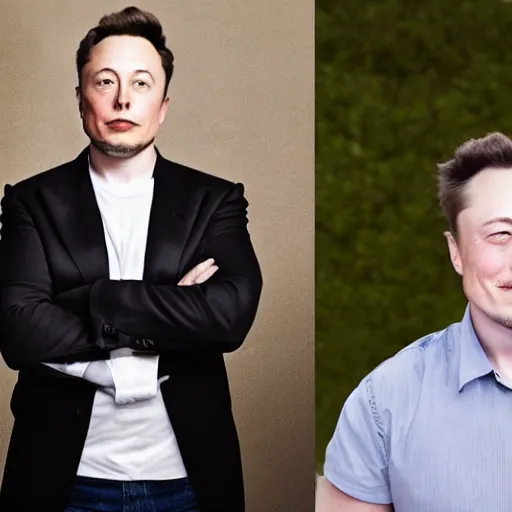 Image similar to A portrait photo of Elon Musk teams up with a teenage Elon Musk, perfect faces, 50 mm, award winning photography