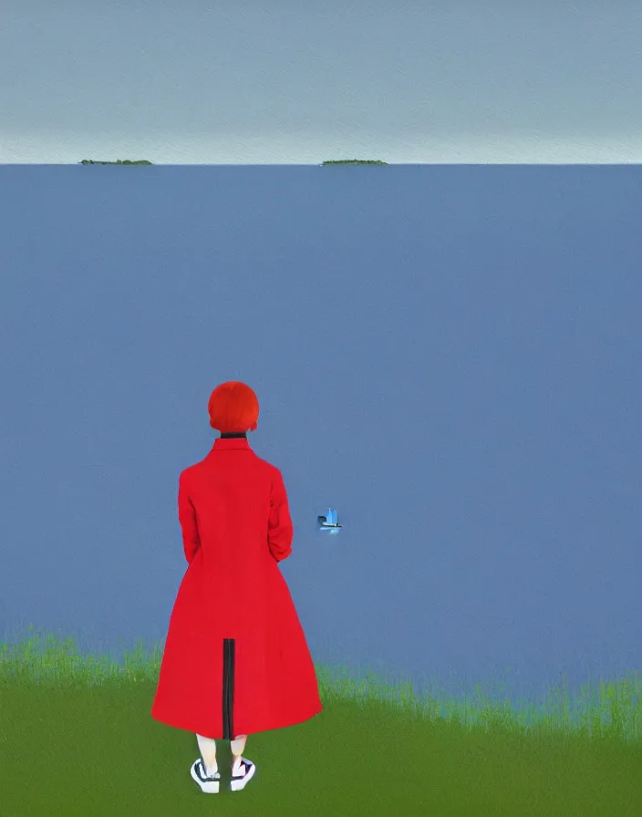 Prompt: wide shot rear view photographer woman hair in a bun long red stripe coat backpack sneakers taking photo with nikon camera in hand while looking out over a placid blue lake, a character design painting, in the style of wes anderson, lola dupre, david hockney, isolated on negative white space background dark monochrome fluorescent spraypaint accents volumetric octane render, no double figure