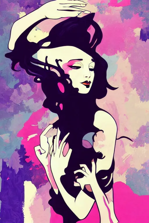 Image similar to vector style the abstract painting of an image of a lady artistic flat illustration, goth punk minimal figure art, soft colors mono chromatic, art in the style of Ross Tran and Greg Rutkowski and Alphonse Mucha