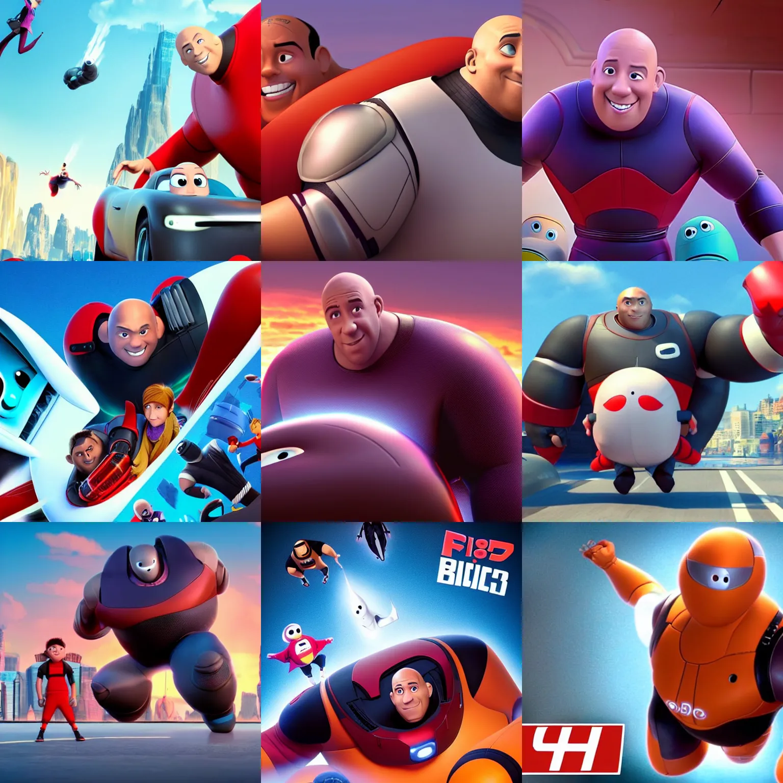 Prompt: Vin Diesel stylized caricaturein Big Hero 6 (2014), animated cinematography 3D CGI movie