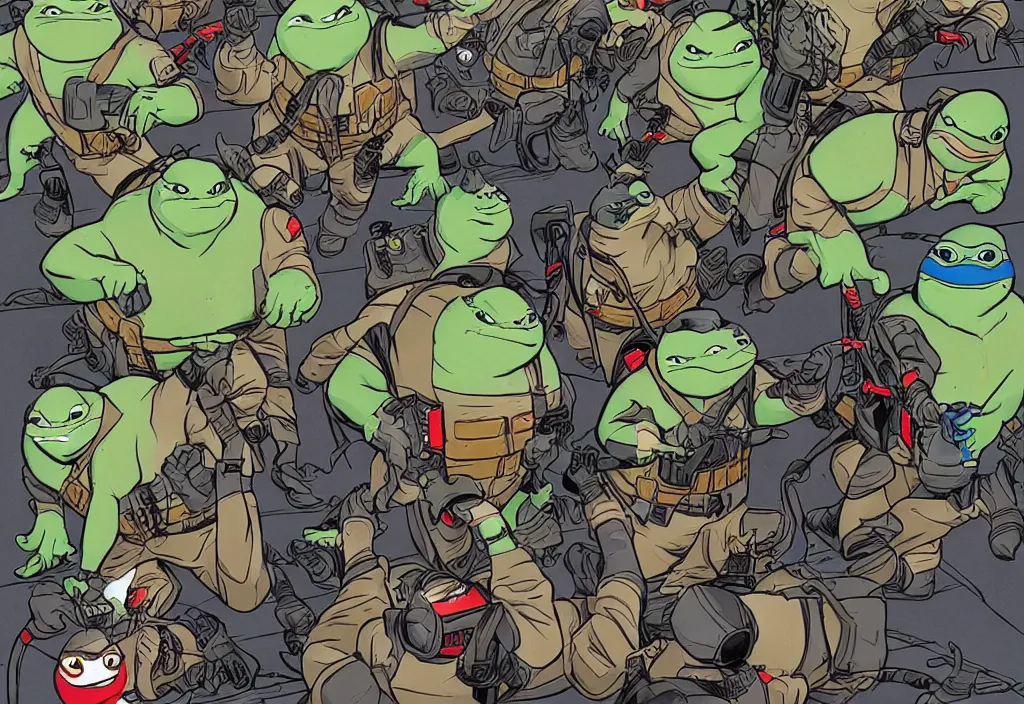 Image similar to the ghostbusters meet the ninja turtles