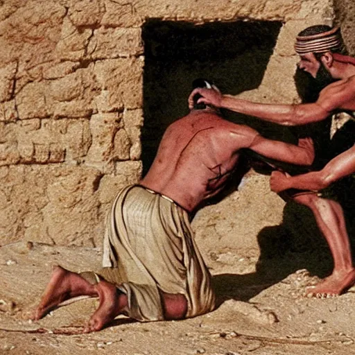 Image similar to cinematic still of angered middle eastern skinned man in ancient Canaanite clothing stabbing another middle eastern skinned man in ancient Canaanite clothing, Biblical epic by Christopher Nolan