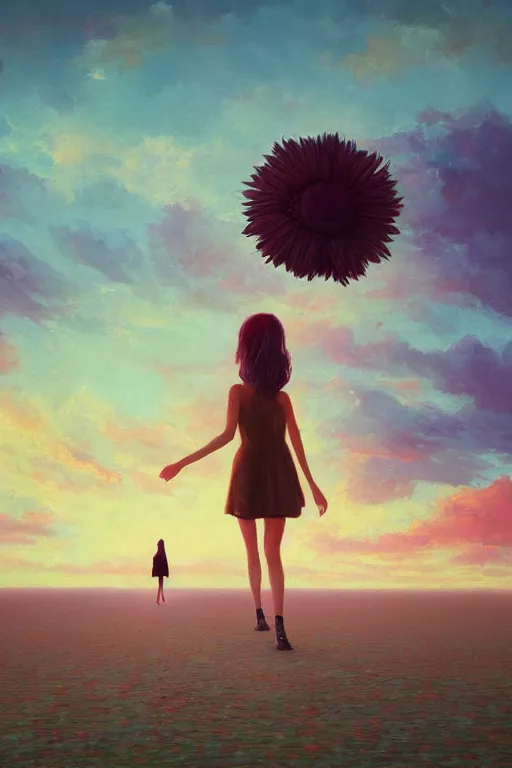 Image similar to giant daisy flower head, girl walking on salt flats mountains, surreal photography, sunrise, dramatic light, impressionist painting, colorful clouds, digital painting, artstation, simon stalenhag