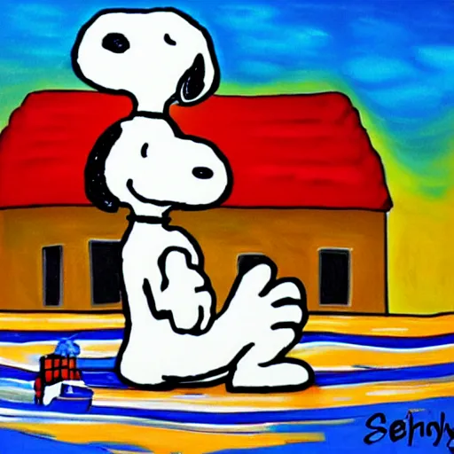 Prompt: snoopy in cancun, paint, art, carton