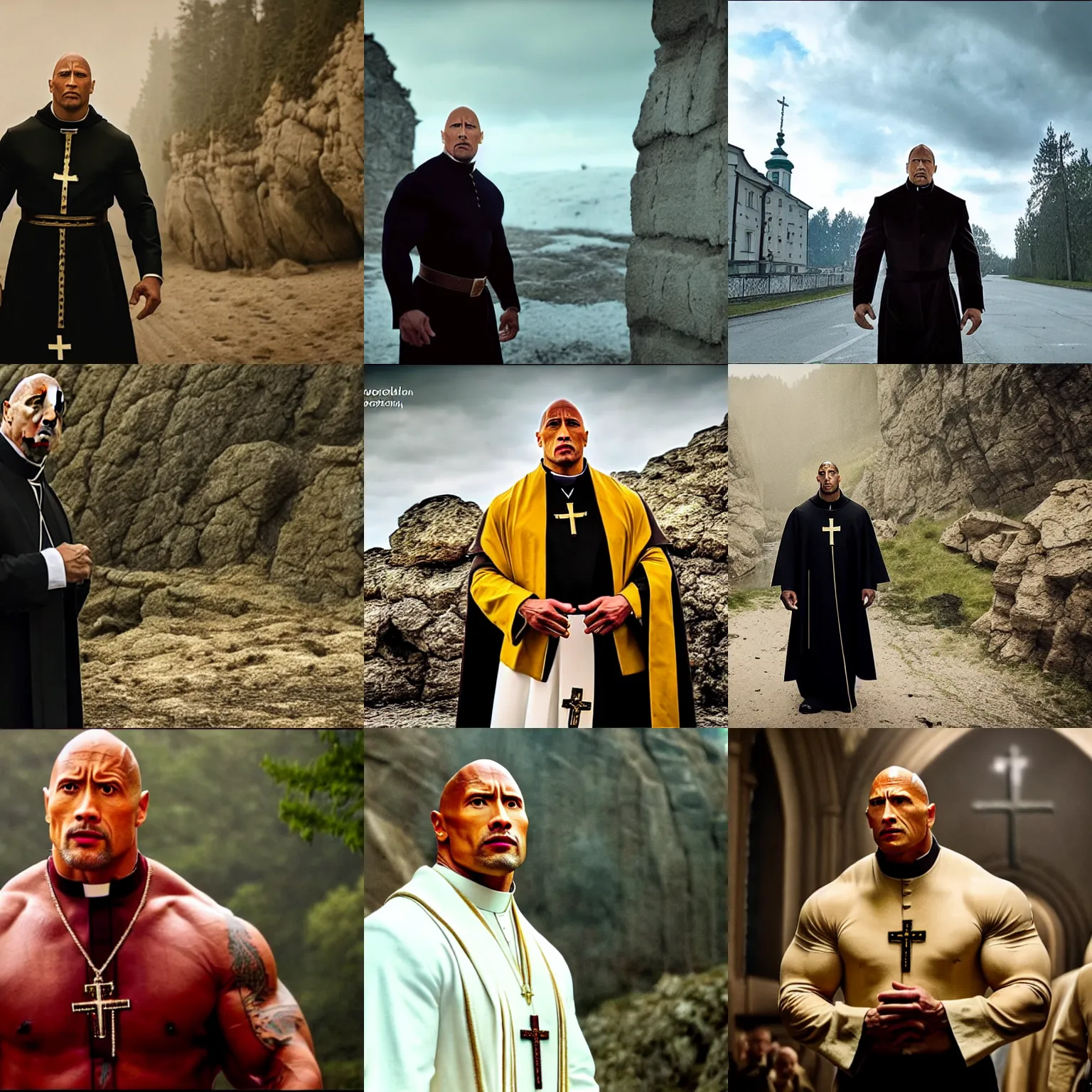 Prompt: dwayne johnson in poland as a priest, cinematic establishing shot, magical colours and atmosphere, perfect coherent composition, super realistic, professional photography 1 6 k