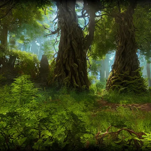 Image similar to warrior cats forest, unreal engine, cliff, cool, vines, sunrays