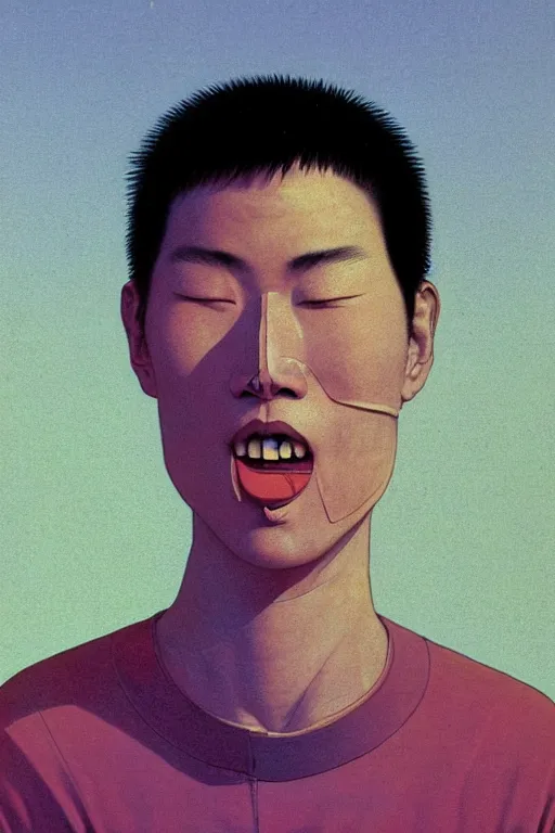 Image similar to a scifi closeup portrait of a young chinese man licking a blotter paper of LSD acid on his tongue and dreaming psychedelic hallucinations in cosmos, by kawase hasui, moebius, Edward Hopper and James Gilleard, Zdzislaw Beksinski, Steven Outram colorful flat surreal design, hd, 8k, artstation