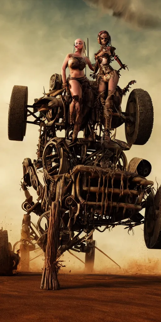 Prompt: vertical movie frame with female warrior standing on tall steam punk buggy with wood wheels, hunting, armor inspired by bikini and doom and fashion, mad max in acnient times, strong blooded body, brutal blooded sluty symmetrical face, epic, award winning, establishing shot, extremely high detail, photorealistic, brutal, provocative, octane render, editorial, documentary photography