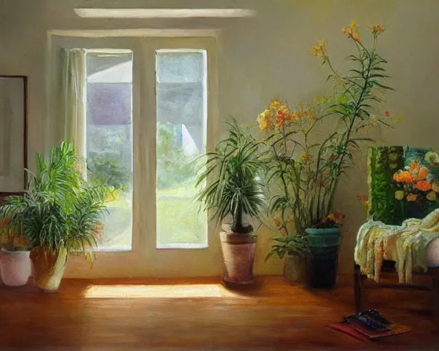 Image similar to A warm painting of a room interior, calm, relaxing, cosy, warm light, warm color scheme, houseplants, fresh flowers, oil on canvas