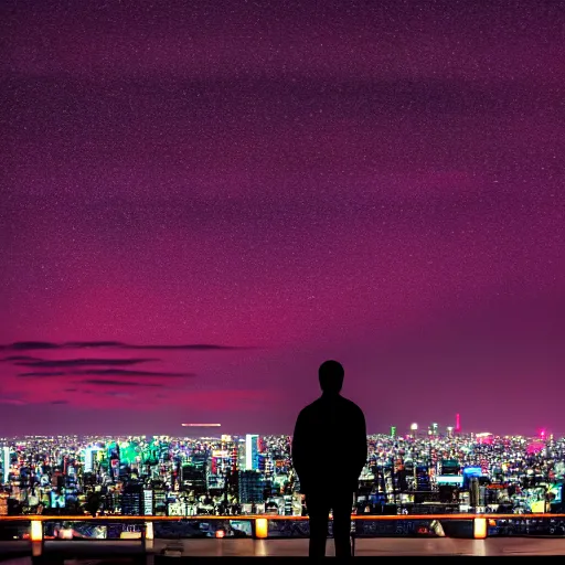 Image similar to silhouette of man in front of nighttime Tokyo city skyline, neon colors, beautiful photography, 8K