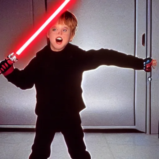 Image similar to Kevin McCallister if he had a lightsaber