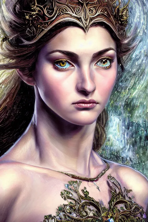 Prompt: high quality extremely detailed closeup portrait of a young gorgeous female warlock looking away from the camera, detailed eyes, sparkle in eyes, no hands visible, fantasy, d & d, intricate, painting by lucian freud and mark brooks, hd