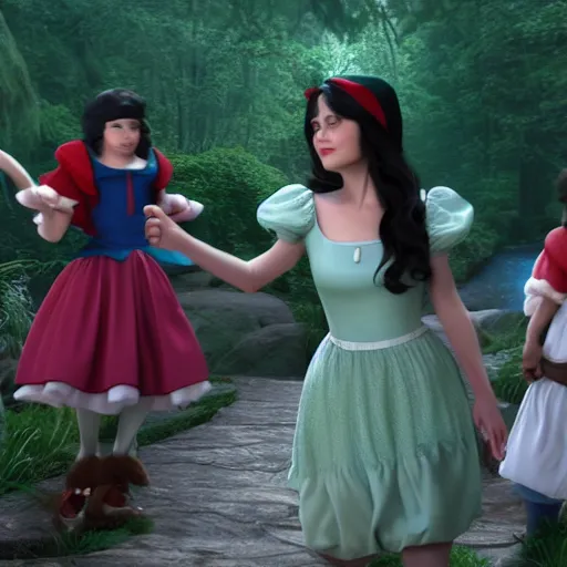 Prompt: zooey channel as snow white with the seven dwarfs, uhd, photorealism, realistic, wide shot, full shot,