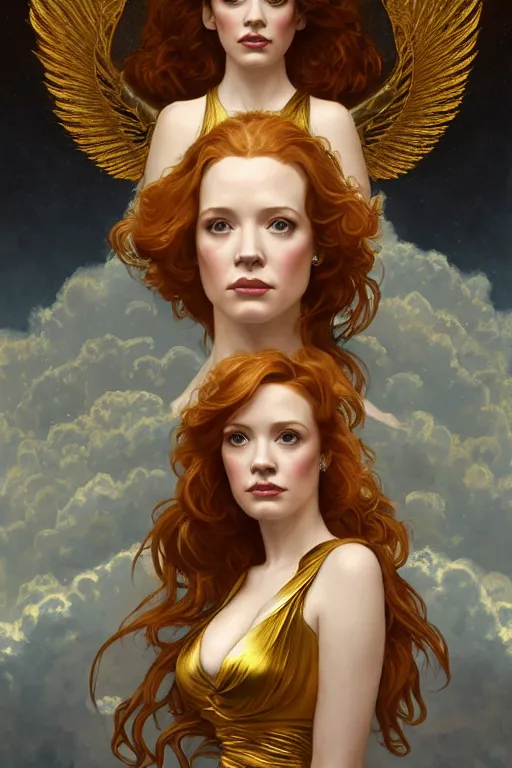 Image similar to symmetrical!! looking at the camera!!! a portrait of an angel young christina hendricks wearing a golden flowing dress, upper body, concept art, deep focus, sky, heaven, clouds, intricate, highly detailed, digital painting, artstation, matte, sharp focus, illustration, art by greg rutkowski and alphonse mucha