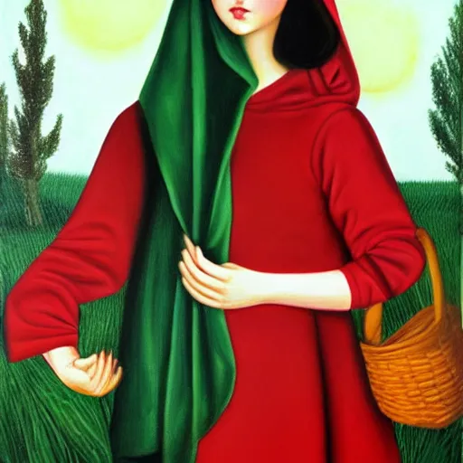 Prompt: margaret keane oil on canvas, little red riding hood, full body portrait