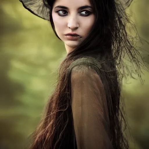 Image similar to a portrait of a beautiful witch maiden, dark eyes, dark hair, olive skin, depth of field, zeiss lens, detailed, centered, artstation, fashion photoshoot, by Annie Leibovitz and Steve McCurry, David Lazar, Jimmy Nelsson, Breathtaking, 8k resolution, extremely detailed, beautiful, establishing shot, artistic, hyperrealistic, beautiful face, octane render