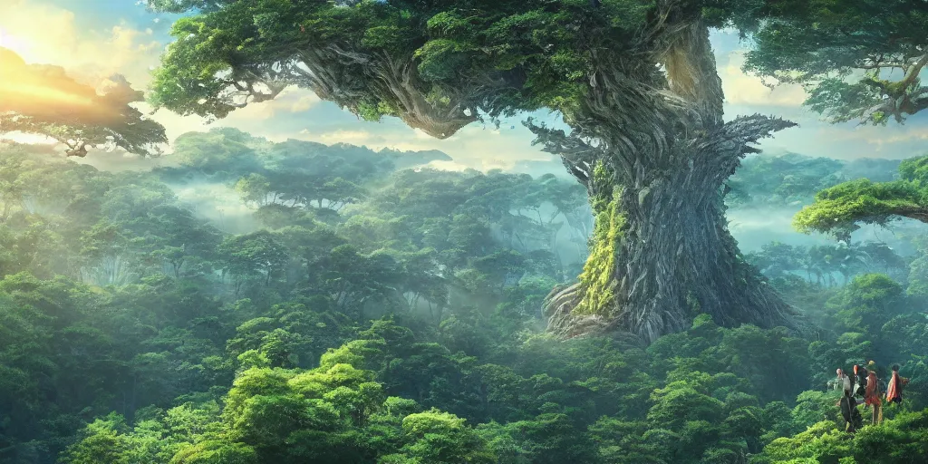 Image similar to giant monster rising from a forest. view from tree tops, 4 k, artgerm, high detail, dramatic lighting, sunset, hayao miyazaki, masashi ando, nizou yamamoto, kazuo oga, joe hisaishi, yoji takeshige, naoya tanaka
