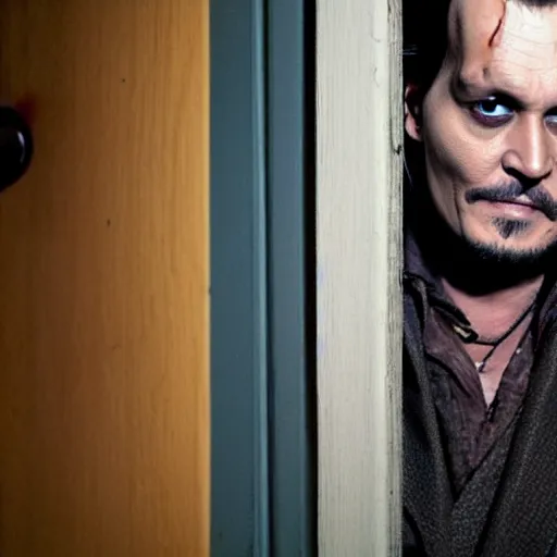 Image similar to Johnny Depp as Jack Torrance in Shining looking through the hole in the broken door