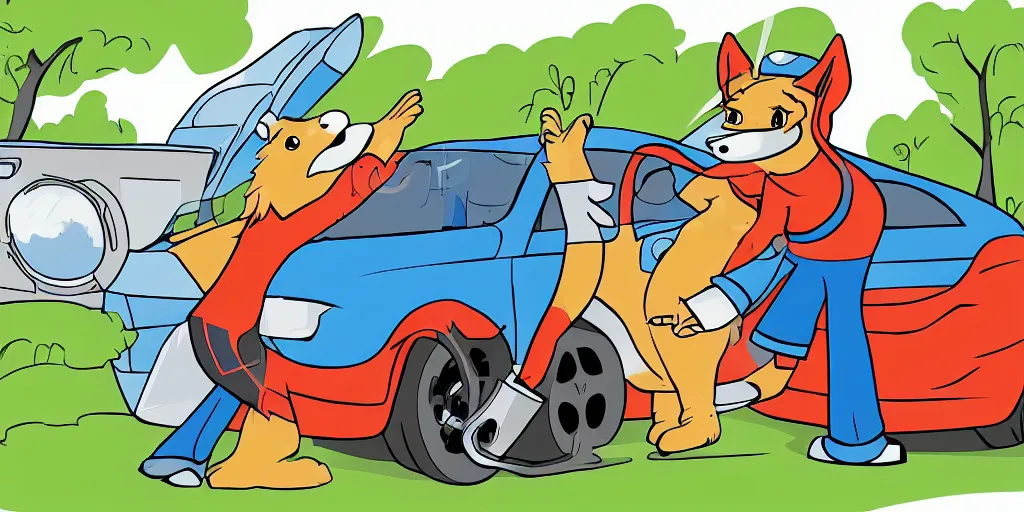 Prompt: Furry, anthropomorphic wolf, male, cartoon, washing a car,