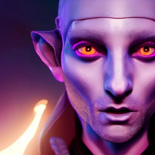 Prompt: an oil art close up portrait of young tiefling mage with purple magic in style of disco elysium character, bard jester character design from critical role, 4 k, ultra detail, volumetric lighting, unreal engine, octane render