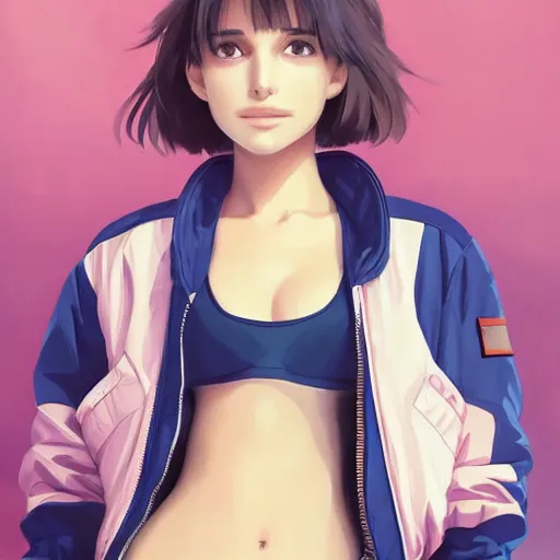 Image similar to a beautiful! boyish! natalie portman alluring gravure! model, wearing oversized mayan bomber jacket and leotard with overalls, bulky poofy bomber jacket with mayan patterns, gapmoe yandere grimdark, trending on pixiv fanbox, painted by greg rutkowski makoto shinkai takashi takeuchi studio ghibli, akihiko yoshida