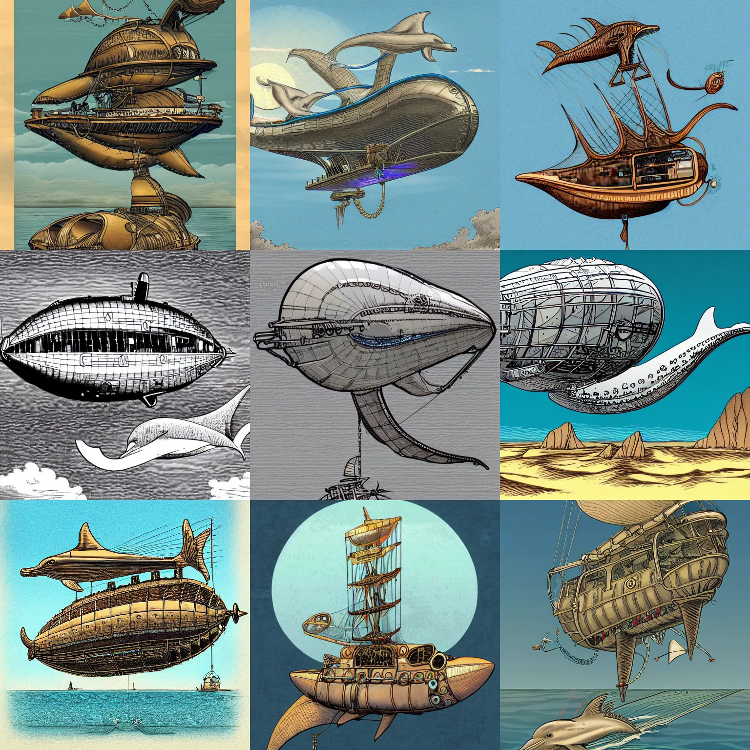 Prompt: a detailed illustration of a dolphin-shaped steampunk airship in the style of moebius