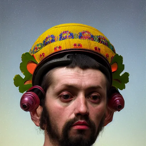 Prompt: Colour Caravaggio style full body portrait Photography of Highly detailed Man wearing detailed Ukrainian embroidered folk costume designed by Taras Shevchenko with 1000 years perfect face wearing highly detailed retrofuturistic VR headset designed by Josan Gonzalez. Many details In style of Josan Gonzalez and Mike Winkelmann and andgreg rutkowski and alphonse muchaand and Caspar David Friedrich and Stephen Hickman and James Gurney and Hiromasa Ogura. Rendered in Blender and Octane Render volumetric natural light