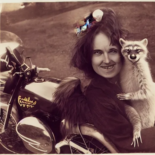 Image similar to a photo by ansel adams of a slender beautiful woman with straight ginger hair and bangs, wearing purple leathers and gold helmet, posing with large ginger tabby and raccoon on a motorcycle in her front yard, holding coffee mug and toasted brioche bun, 8 5 mm lens