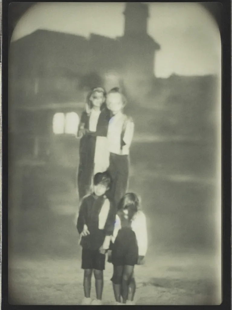 Image similar to a boy and a girl posing for a picture at night, rural area, town square, dimly lit, old polaroid