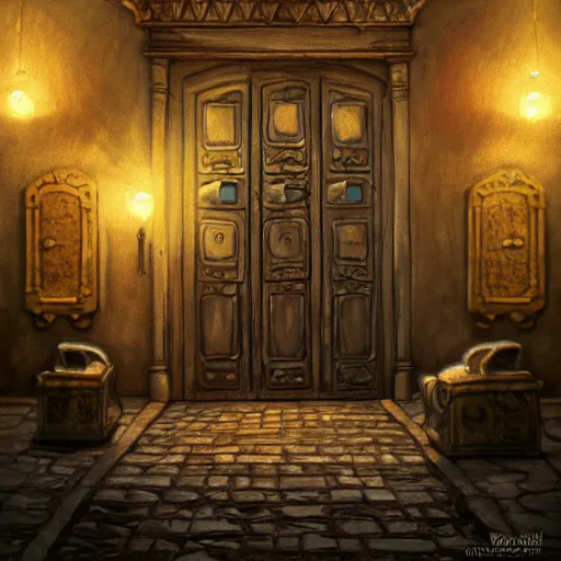 Prompt: a room with one hundred doors with latches, concept art, trending on artstation, highly detailed, intricate, sharp focus, digital art, 8 k