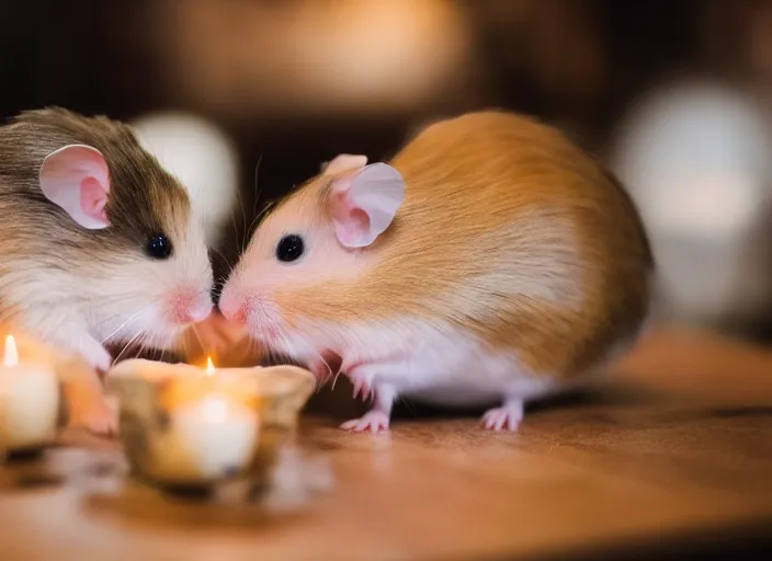 Prompt: photo of a hamsters kissing!!!!, at night, romantic, faded colors, candlelit restaurant table, cinematic color grading, various poses, soft light, well framed, sharp focus, 8 k