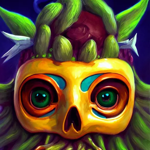 Image similar to a painting of majora's mask skull kid, art by lois van baarle and loish and ross tran and rossdraws and sam yang and samdoesarts and artgerm and saruei and disney, digital art, highly detailed, intricate, sharp focus, trending on artstation hq, deviantart, unreal engine 5, 4 k uhd image