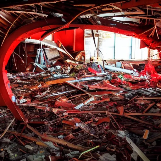 Prompt: a photo taken inside a neon red tornado intense debris