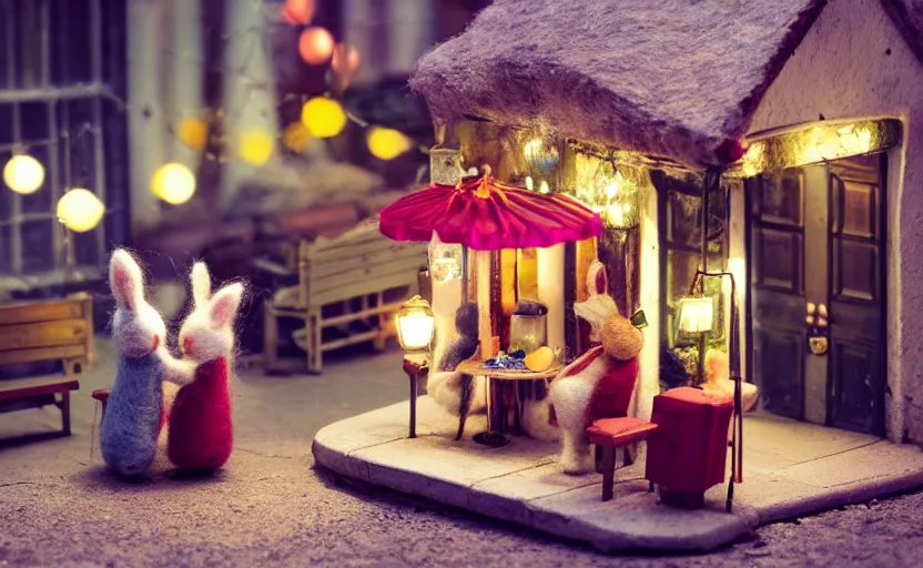 Prompt: miniature cafe diorama macro photography, cafe with felted bunnies on a date, alleyway, ambient, atmospheric, british, cozy, bokeh, romantic, colorful lanterns