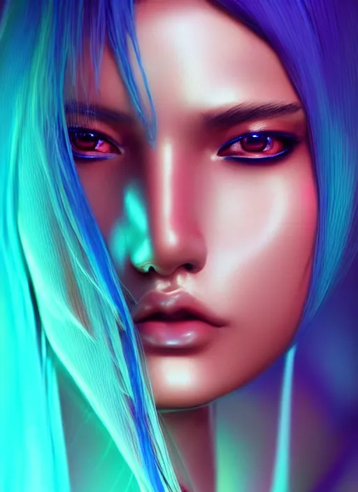 Image similar to photorealistic portrait of oriental female humanoid, soft hair, cyber neon lights warm turquoise cyan blue, highly detailed, cyberpunk high fashion, elegant, crispy quality, trending in artstation, trending in pinterest, glamor pose, no signature, no watermark, cinematic, art by pascal blanche