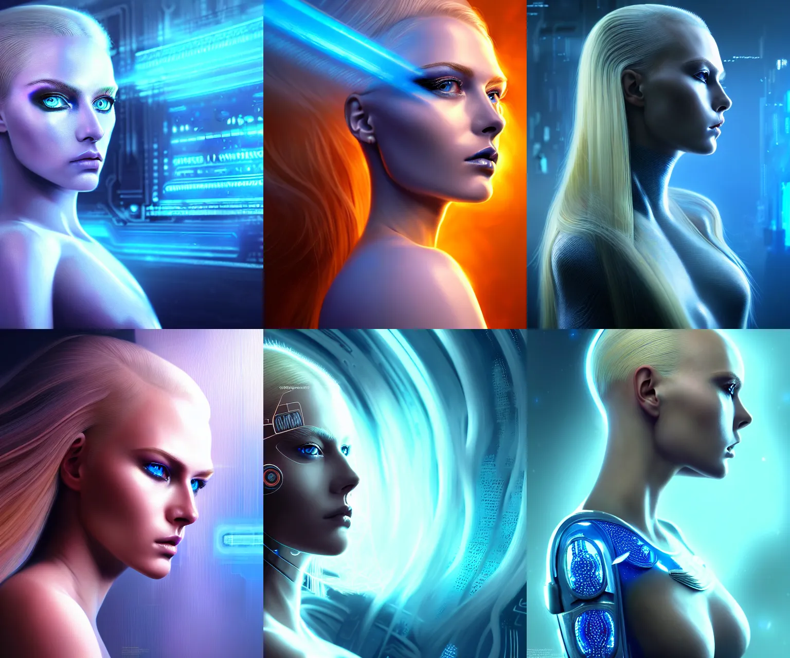 Prompt: ultra realist and ultra intricate detailed soft painting of a beautiful sci-fi female, thin lustrous long blond hair shaved on one side, symmetry features, glowing blue eyes, in chair looking at blue holographic computer interface, sensual gloomy style, volumetric clouds, cyberpunk background, military, assault rifle, artstation, unreal render, depth of field