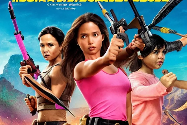 Prompt: Isabela Merced as Dora the Explorer vs Angelina Jolie as Lara Croft, movie poster, film by Michael Bay, dora pink shirt, lara white shirt