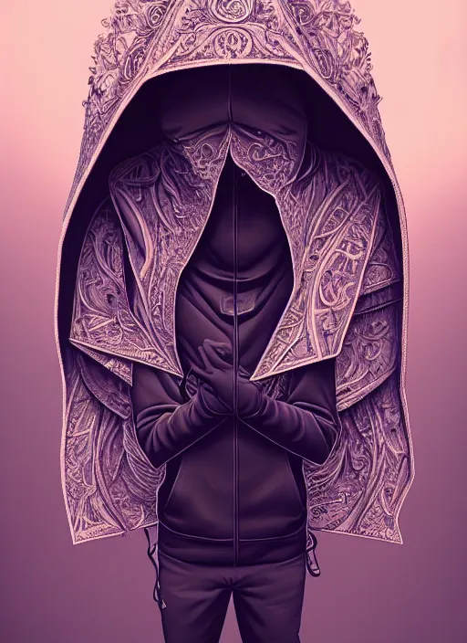 Image similar to guy with hoodie hiding on papercraft, realistic, surealism, lavish, steep, aesthetic, extravagant, shiny, fantasy, intricate, elegant, extremely higly detailed, digital painting, artstation, ornate, grotesque, baroque, concept art, smooth, sharp focus, full body focus, street wear digital art