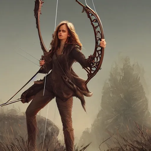 Image similar to portait of a emma watson archer shooting arrow at forest monster, front game card, drark, marvel comics, dark, intricate, highly detailed, smooth, artstation, digital illustration by ruan jia and mandy jurgens and artgerm and wayne barlowe and greg rutkowski and zdislav beksinski