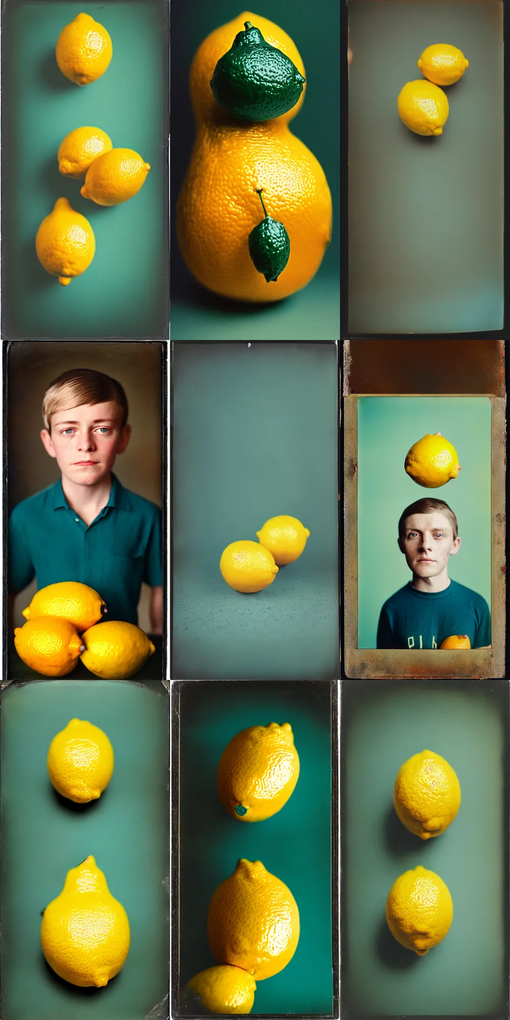 Prompt: kodak portra 4 0 0, wetplate, 8 k, shot of a highly detailed, britt marling style, colour still - life portrait of a lemon looks like a handsome 8 year old boy, teal and orange, muted coloures