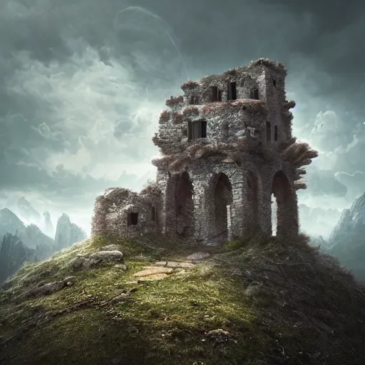 Prompt: ruined stronghold on top of mountain, by Amandine Van Ray, 4k resolution, cloudy, dreamy, fantasy