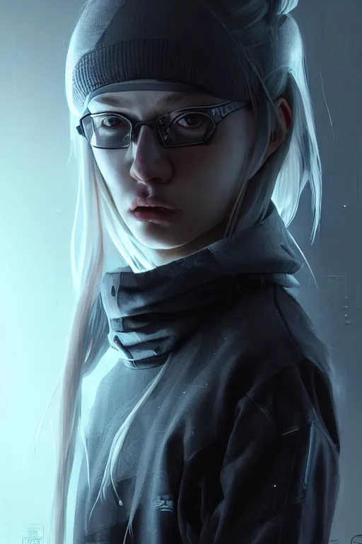 Image similar to very cool girl grey hair girl wearing streetwear, techwear, cyberpunk style outfit, full body portrait, atmospheric lighting, detailed portrait, volumetric cinematic lighting, intricate complexity, by greg rutkowski, cushart krentz, artgerm, ross tran, conrad roset, takato yomamoto, ilya kuvshinov. 4 k, portrait lighting