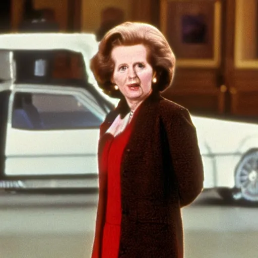 Image similar to A movie still of Margaret Thatcher in Back to the Future