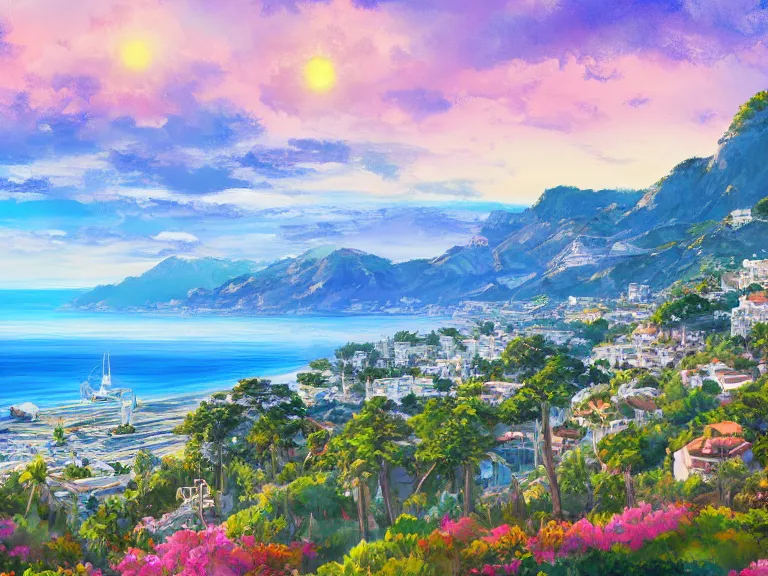 Prompt: very detailed art of marbella landscape, sun coast, small city, beach, mountain in the background, trending on artstation, mate painting, studio ghibli, fine art, 8 k resolution