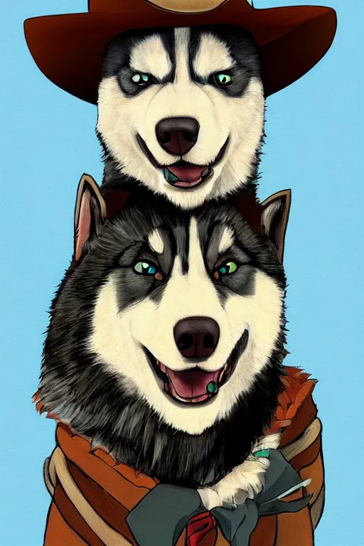 Prompt: a portrait painting of a husky in cowboy costume, wearing a cowboy hat, by [ studio ghibli ], in the style of anime, [ western film ], trending on artstation