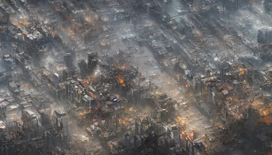 Image similar to Digital painting of destroyed Central Los Angeles covered by vegeration, hyperdetailed, artstation, cgsociety, 8k