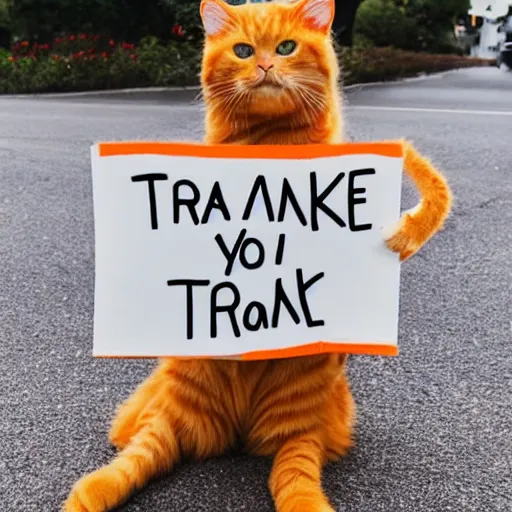 Prompt: a cute fluffy orange tabby cat holding a sign that says