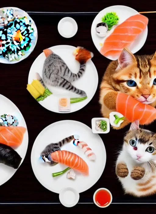 Image similar to clear photograph of cute cats eating sushi from sushi plates