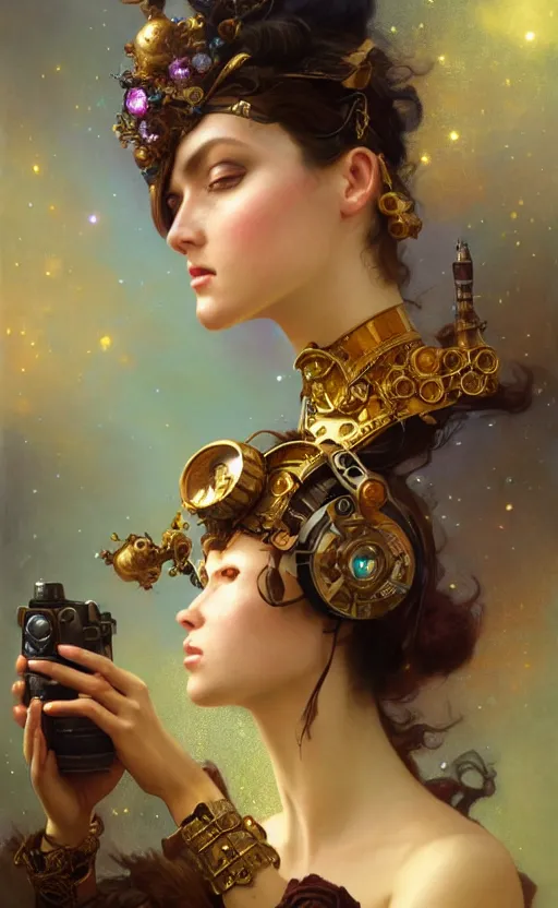 Image similar to hyper realistic photographer taking a picture, magical, gems, jewels, gold, steampunk, cyberpunk utopia, painted by tom bagshaw, mucha, gaston bussiere, craig mullins, j. c. leyendecker 8 k