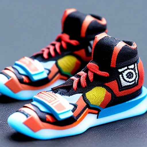 Image similar to realistic scultpure of plastic toy sneaker! design, sneaker design overwatch botw fantasy style mixed with aztec mayan native street fashion, focus on sneakers only, shoes designed by akira toriyama and studio ghibli